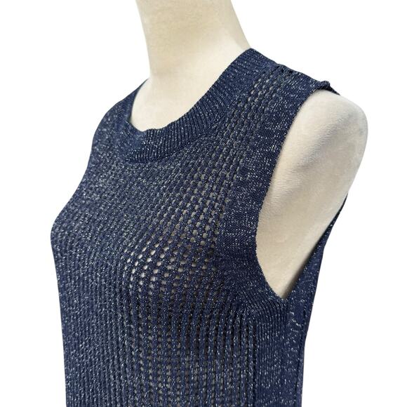 W by Worth Dark Navy Open Knit Silver Metallic Sparkle Tunic Tank Sleeveless Top - Picture 5 of 12
